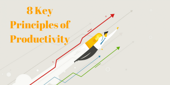 man skyrocketing upwards beside text "principles of productivity"