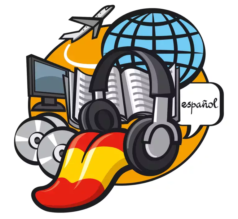 Graphic of airplane, globe, headphones, and tongue with Spanish flag on it.