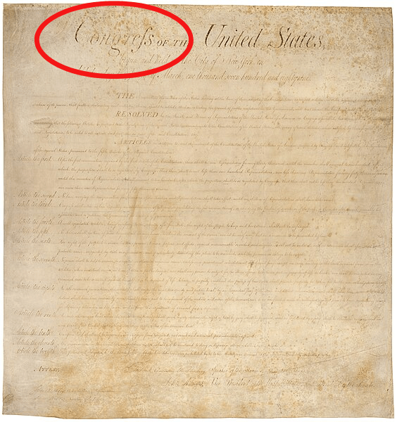 A photo of the Bill of Rights with the word "Congress" circled. It looks like it is spelled "Congrefs."