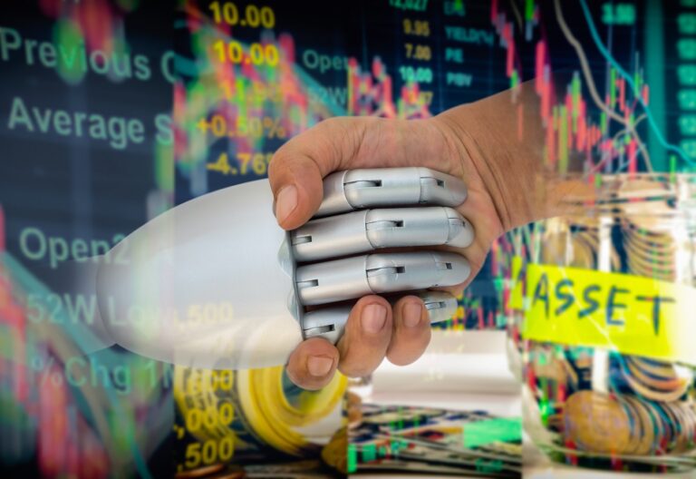 Robot hand shaking hands with human and graphics of stock market and money behind them