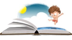 A cartoon of a kid jumping over an open book with sun behind