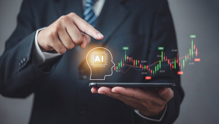 Image of person in suit with their finger above graphic of human head with letters "AI" in it and stock graphic