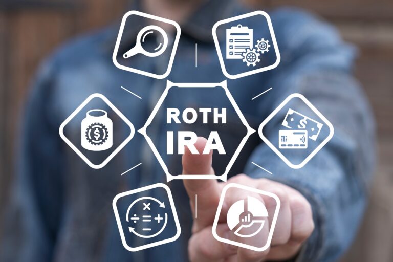 Peron in the background with white graphics in the foreground - which say "roth IRA" and other money symbols