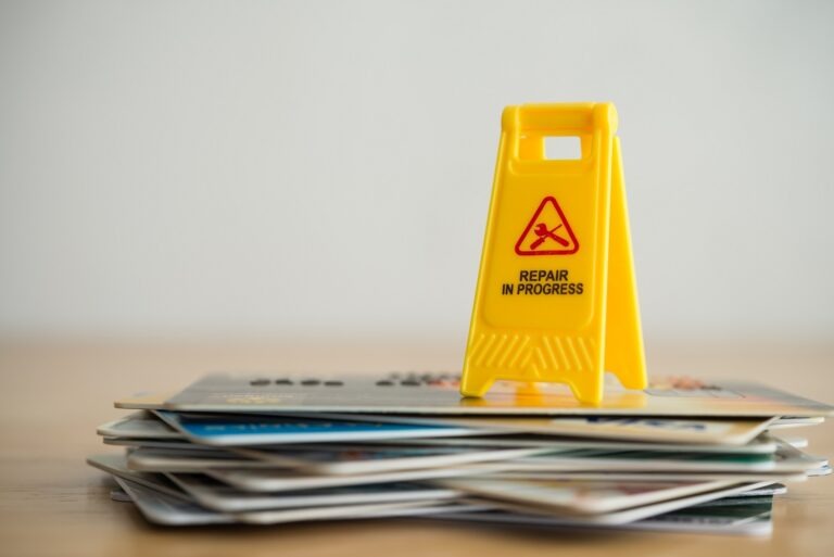 Stack of credit cards with little yellow road sign on top of them. Sign says "repair in progress"