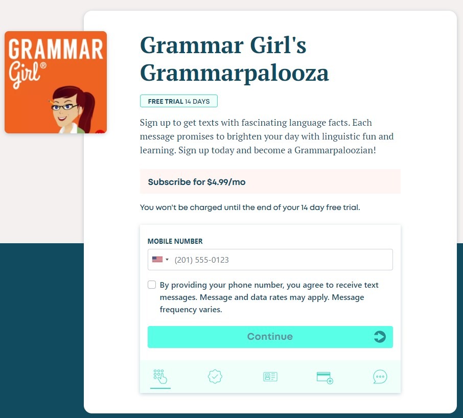 Grammarpalooza sign up page on Subtext