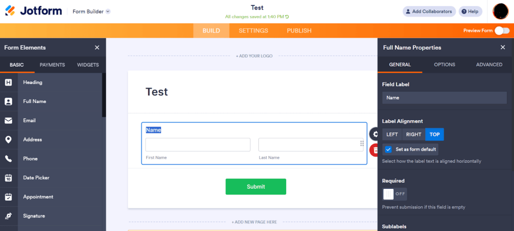 Jotform builder interface