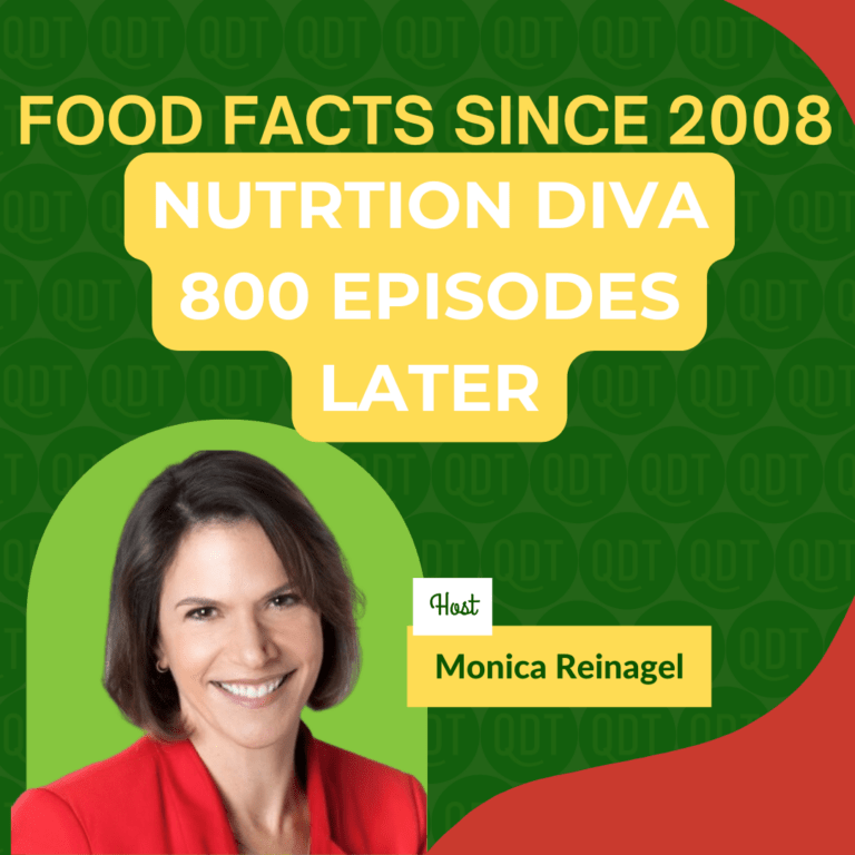 Green graphic with yellow letters that say "Food facts since 2008. Nutrition Diva 00 episodes later. Host Monica Reinagel"