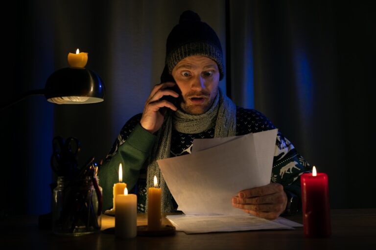 Man looks worried wearing beaning and reading in candlelight