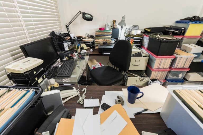 Messy and cluttered desk